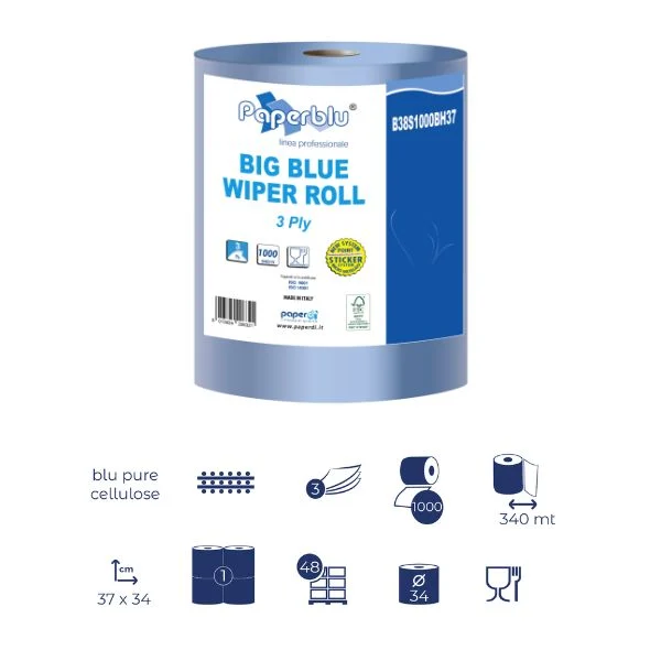 Industrijska brisača v roli Blue - 3slojna, 340m, 1000 listov, 1/1