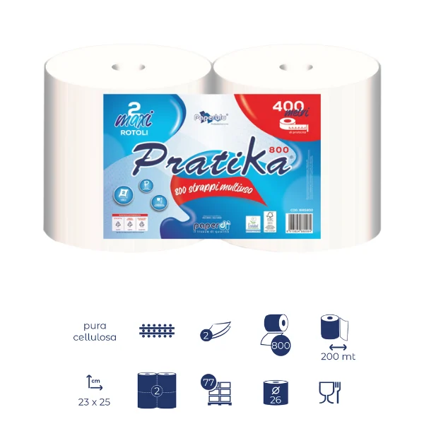 Industrijska brisača v roli Pratika - 2slojna, 200m, 800 listov, 2/1